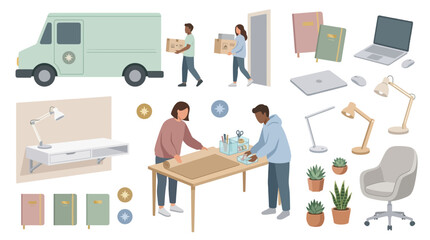 Fototapeta premium Soft Minimalist Home Office Study Space Eco Vector Bundle featuring Floating Desk and Delivery Van Icons Designed for Blank Textless Student Branding