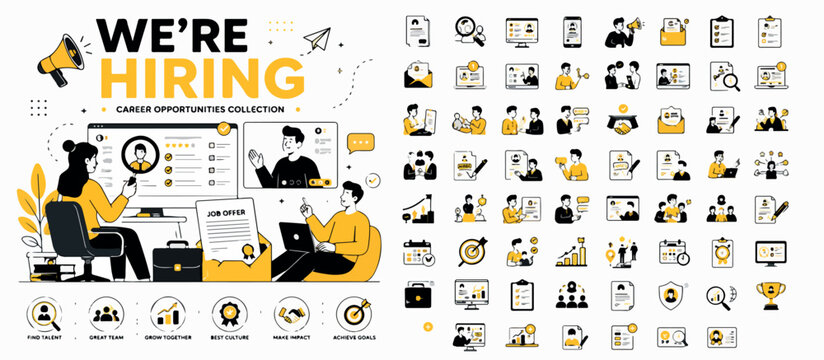 Hiring and recruitment career opportunities collection, professional human resources business icons, yellow and black corporate employment vector set isolated PNG with Transparent Background