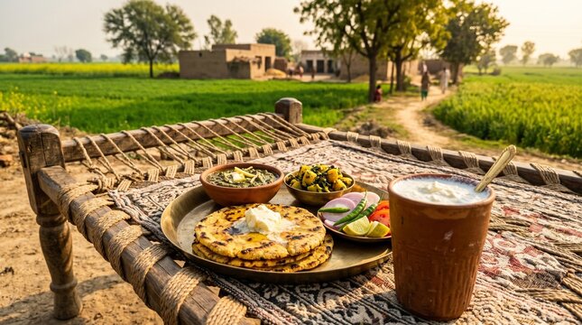 Traditional Punjabi breakfast on wooden charpai, authentic Indian village food with paratha and lassi, rustic rural landscape with green fields