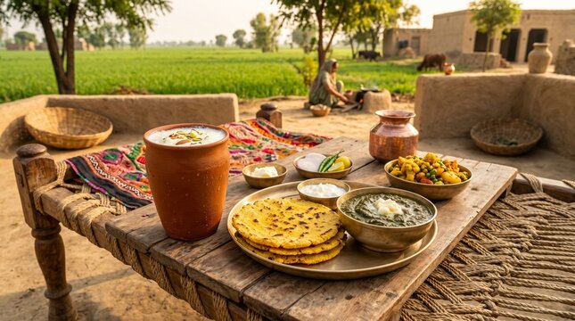 Traditional Punjabi breakfast with Makki di Roti and Sarson da Saag, authentic village food on a wooden charpai, rustic rural lifestyle scene