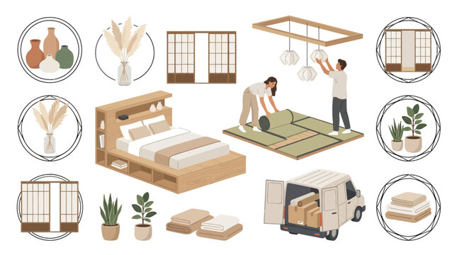Minimalist Japandi Studio Makeover Vector Bundle featuring Platform Bed and Delivery Van Icons Designed for Customizable Textless Interior Branding