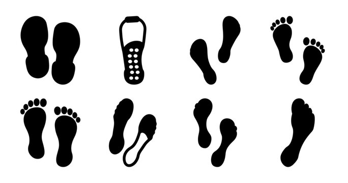 Black footprints with lost items illustration - Playful black and white vector showing footprints with lost objects like keys, phone, and shoes in a fun sequence.