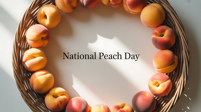 Fresh peaches arranged in a circular pattern in a woven basket with text 'National Peach Day'