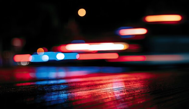 Blurry streaks of red and blue lights reflect on a wet, dark surface