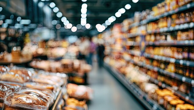 Blurred aisle in a well-stocked grocery store with food items and shoppers
