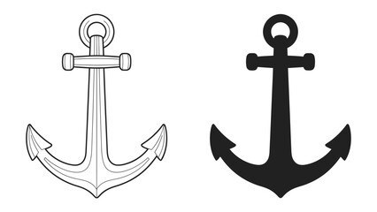 Anchor Icon Set: A graphic representation showcasing two anchors, one in a detailed line drawing and another as a solid black silhouette, symbolizing maritime and nautical themes. © md