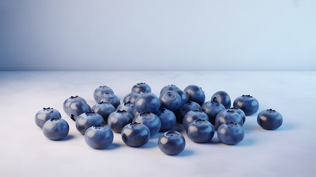 A cluster of fresh blueberries arranged on a light surface against a soft blue background