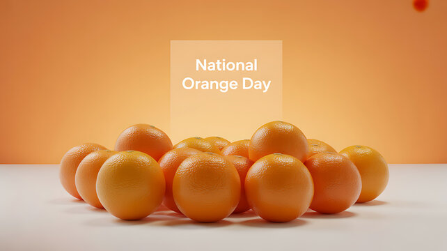 National Orange Day celebration with a pile of fresh oranges on a white surface against an orange background