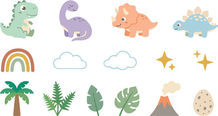 Cute Kawaii Baby Dinosaur Vector Icon Set Featuring Triceratops Stegosaurus Brachiosaurus Rainbow Volcano and Prehistoric Tropical Jungle Leaves for Nursery Kids Graphic Designs © Rownok