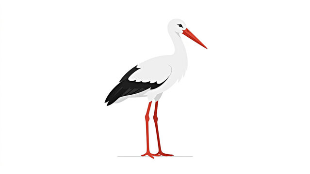 White stork standing on long legs flat vector illustration on white background
