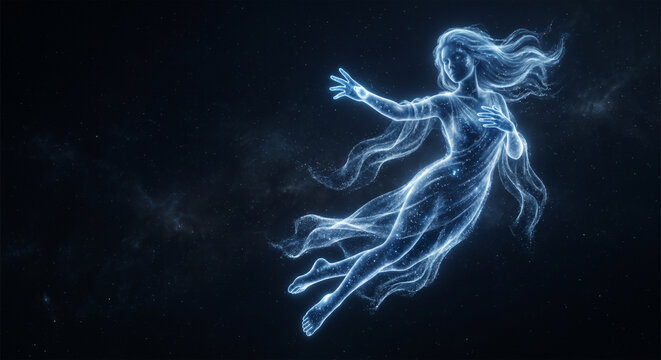 宇宙の星々と光の粒子で形成された神秘的な女神の浮遊シルエット