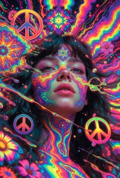 Ritratto psichedelico di donna in stile anni '60 con pittura facciale fluida al neon, fiori e simboli della pace