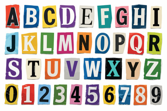 Ransom note alphabet and numbers vector set, colorful magazine cutout letters, punk style collage typography for anonymous message design isolated PNG with Transparent Background