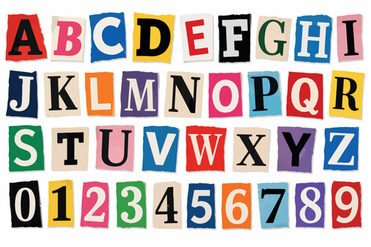 Ransom note alphabet and numbers set, colorful newspaper cutout letters vector, vintage magazine collage typography for anonymous messages isolated PNG with Transparent Background