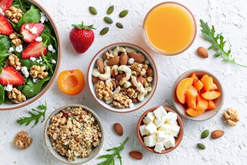 Fototapeta premium Healthy salad with strawberry quinoa nuts and cheese for a fresh organic breakfast