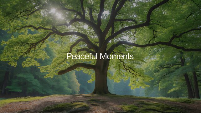 A serene forest scene featuring a large, ancient tree with sunlight filtering through lush green leaves, creating a tranquil atmosphere.