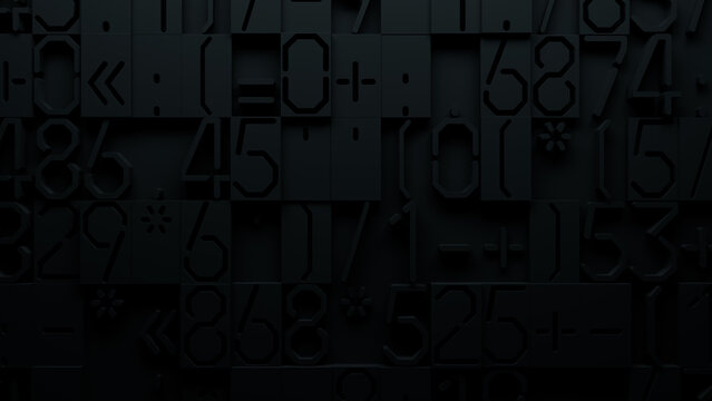 Close-Up of Textured Blackboard Surface with 3D Raised Numerals and Mathematical Symbols in Random Arrangement for E-Learning, Educational Resources, and Graphic Design Use