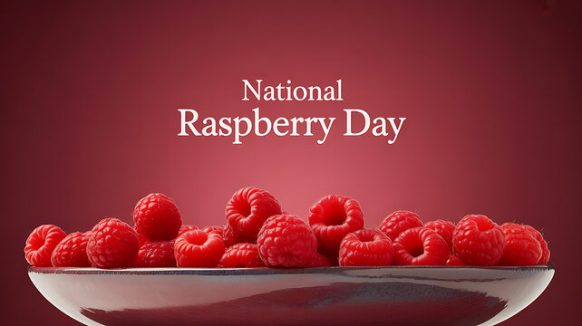National Raspberry Day celebration with fresh raspberries on a plate against a red background