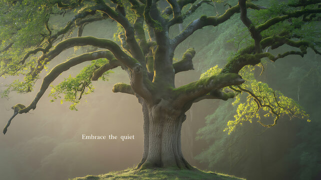 A majestic ancient tree stands alone on a grassy mound in a misty forest, with sunlight filtering through its branches and the text 'Embrace the quiet' displayed.
