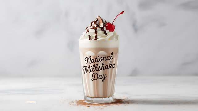 A milkshake with whipped cream, chocolate drizzle, and a cherry, served in a glass labeled 'National Milkshake Day'