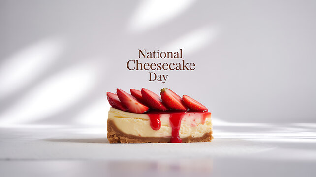 A slice of cheesecake topped with strawberries and strawberry sauce, celebrating National Cheesecake Day