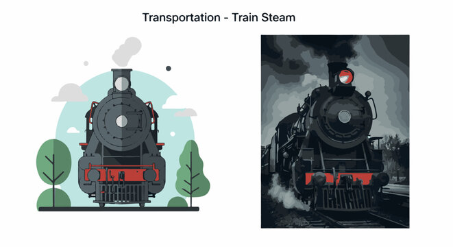 A graphic illustration of two vintage steam trains