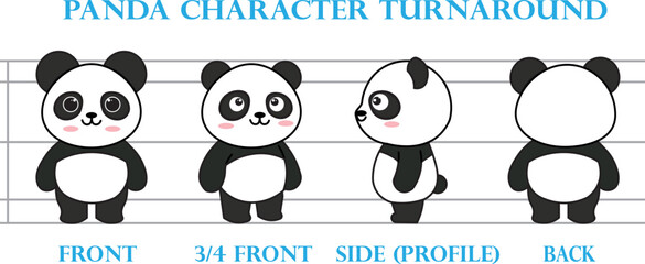 Cute Cartoon Panda Character Turnaround Sheet Front Side Back View 3D Model Reference Animation Vector © Dumi Design Lab