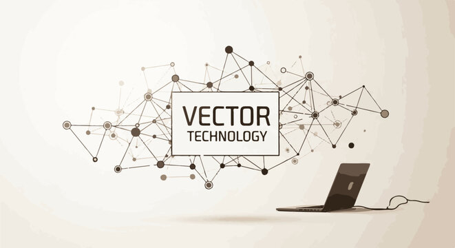 A laptop connected to a network of lines and nodes with a central text box reading VECTOR TECHNOLOGY