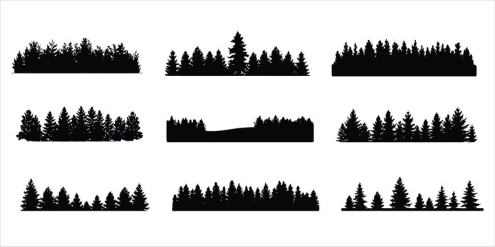 Nine Black Silhouettes of Evergreen Forest Tree Lines on White Background trees pine