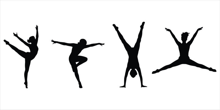 Four Silhouettes of Female Dancers in Dynamic Poses on White Background woman person
