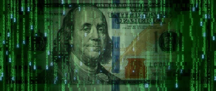 Electronic Money Concept with One Hundred Dollar Bill made from Animated Code. Modern Banking Background.