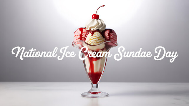 A glass of ice cream sundae with vanilla ice cream, cherry, whipped cream, and syrup, celebrating National Ice Cream Sundae Day