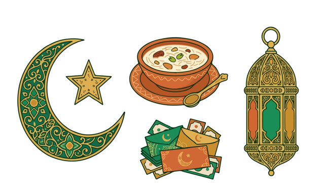 Islamic festive vector illustration set with ornate crescent moon, traditional lantern, sweet vermicelli bowl, and green money envelopes for Eid celebration.