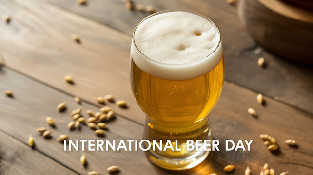 A glass of beer with foam on a wooden table surrounded by barley grains, celebrating International Beer Day
