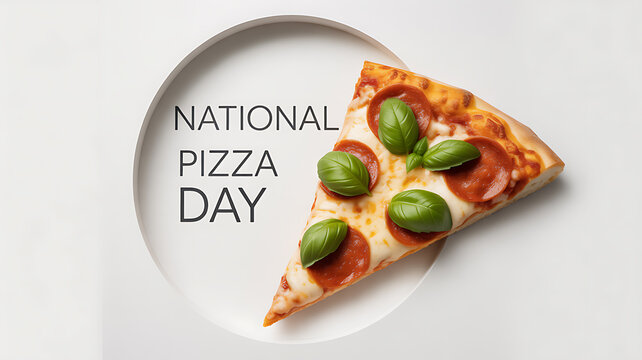 A slice of pizza with basil and pepperoni on a plate, celebrating National Pizza Day