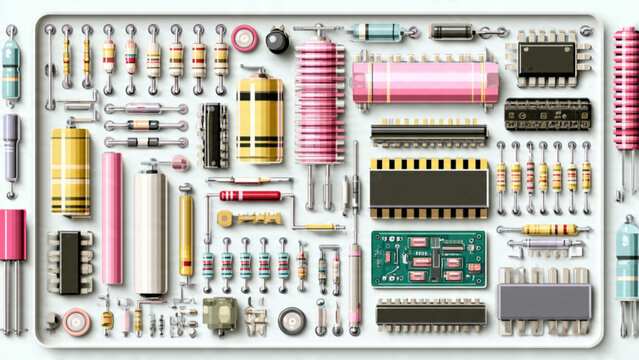 Assorted electronic components and circuit boards with resistors capacitors and chips for hardware design