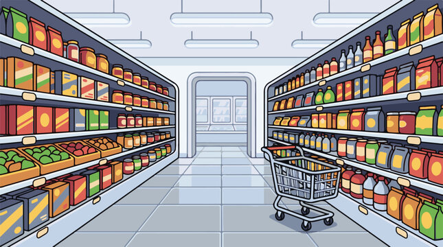 A cartoon illustration of a grocery store aisle with shelves stocked with various food products and a shopping cart