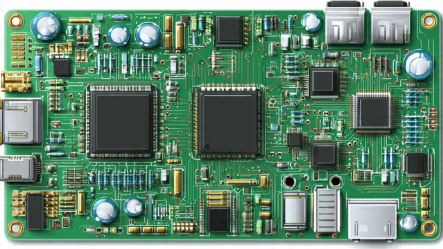 Close-up of a green circuit board with electronic components for technology and innovation
