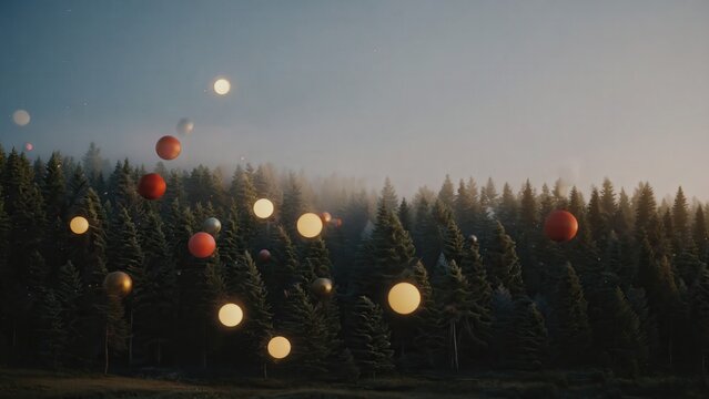 Dark winter forest with scattered festive lights