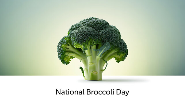 A fresh broccoli head displayed against a soft gradient background for National Broccoli Day