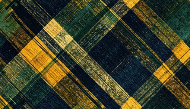 tartan plaid textile pattern in forest green mustard and navy tones, vintage carpet texture design