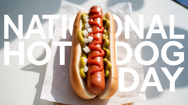 A hot dog with ketchup, mustard, and onions on a bun, displayed on a napkin with 'National Hot Dog Day' text overlay