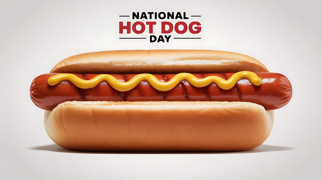 A classic hot dog with mustard in a bun, celebrating National Hot Dog Day