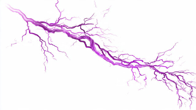 Vivid purple lightning bolt with branching tendrils across a white background for dramatic storm imagery