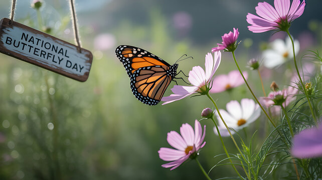 Monarch butterfly perched on cosmos flowers near a 'National Butterfly Day' sign in a garden setting