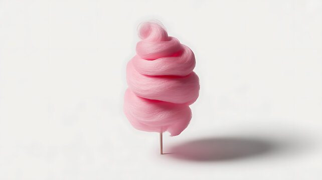 A close-up of a pink cotton candy swirl on a stick against a white background