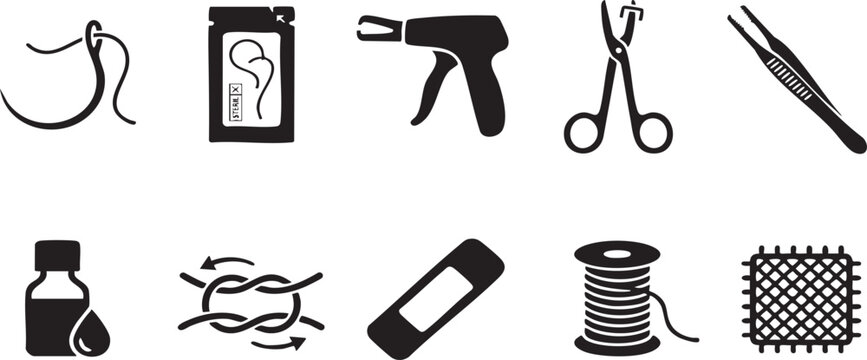 Surgical suture and wound care icons, 10 medical stitching tool vectors, black first aid equipment for surgery and clinics