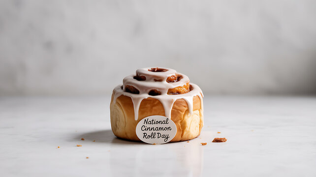 A single glazed cinnamon roll with a 'National Cinnamon Roll Day' label on a white surface