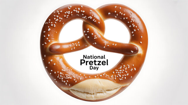 A close-up of a golden-brown pretzel with salt crystals, featuring the text 'National Pretzel Day' in the center.