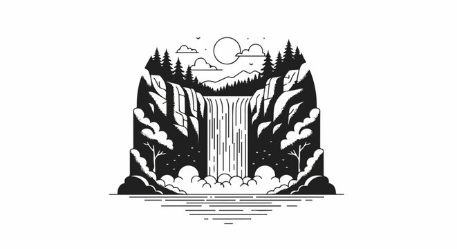 Waterfall pouring down rocky slope.